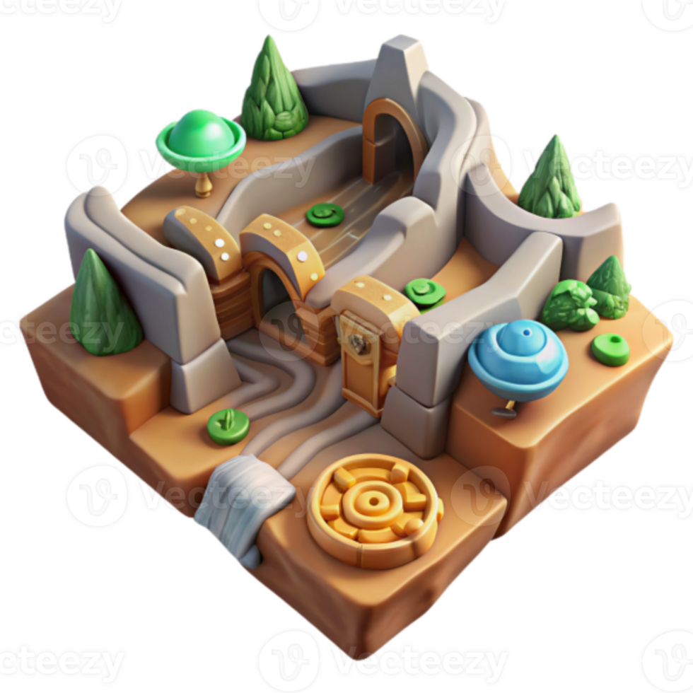 Whimsical 3D Game Level Illustration A Fantasy Stone Labyrinth with Bridges, Tunnels, and Waterfalls png