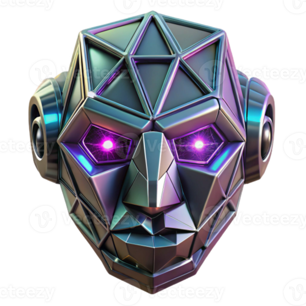 Geometric Robot Head 3D Render, Futuristic Metallic Design, Glowing Eyes, Abstract Background Image png
