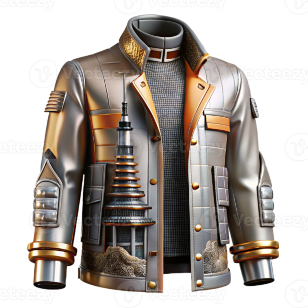 Futuristic 3D Render of a Metallic Jacket with Embroidered Pagoda Illustration png