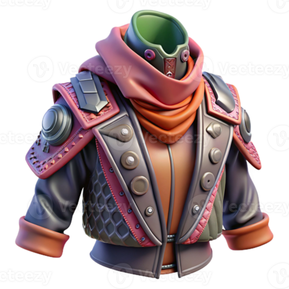 3D Render of Futuristic Jacket, Sci-Fi Apparel, Fantasy Costume, Game Asset, Virtual Clothing, Digital Fashion, Orange and Gray Outfit, Hexagonal Texture, Stylized Design, 3D Model png
