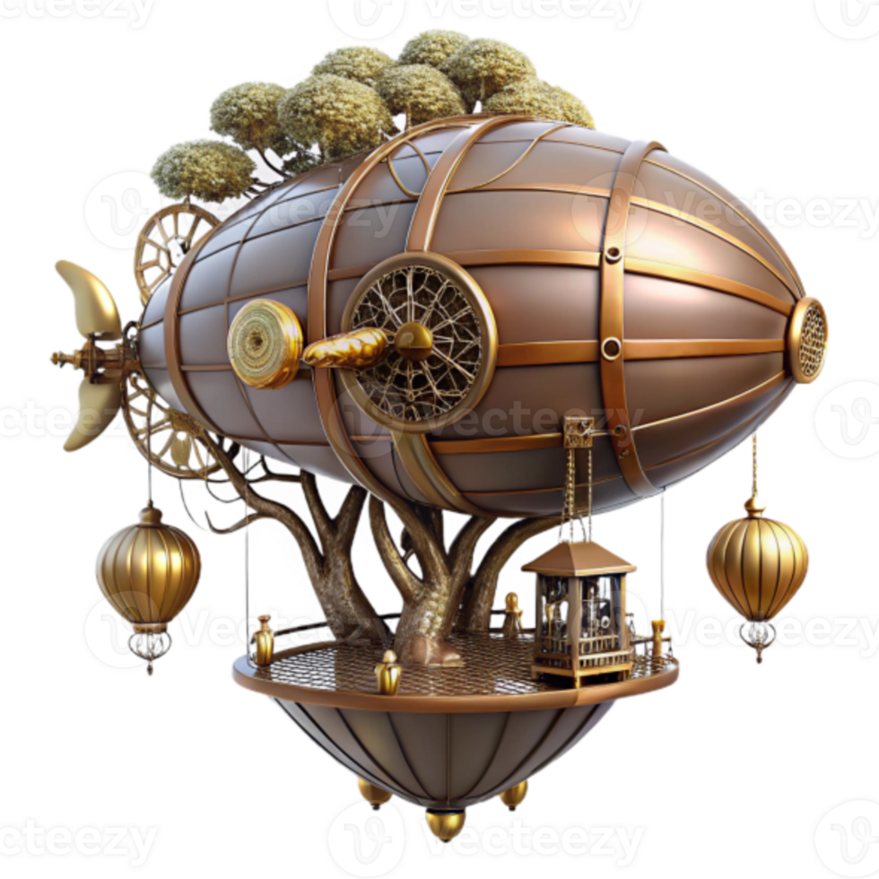 Steampunk Airship Illustration A Fantasy 3D Render of a Clockwork Blimp with Treetop Gondola png