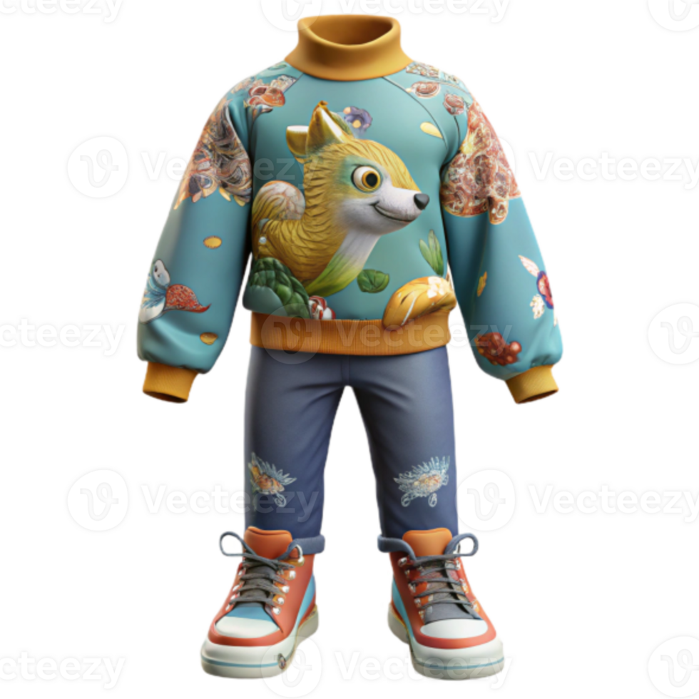 3D Render of Childrenswear Outfit Featuring Cute Fox Illustration png