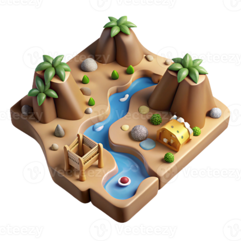 3D Cartoon Oasis Game Asset Serene Desert Landscape with River, Hills, and Wooden Bridge png