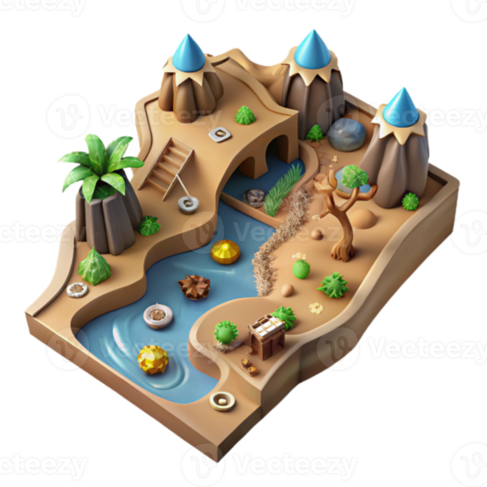3D Isometric Oasis Illustration Desert Landscape with River, Plants, and Structures png