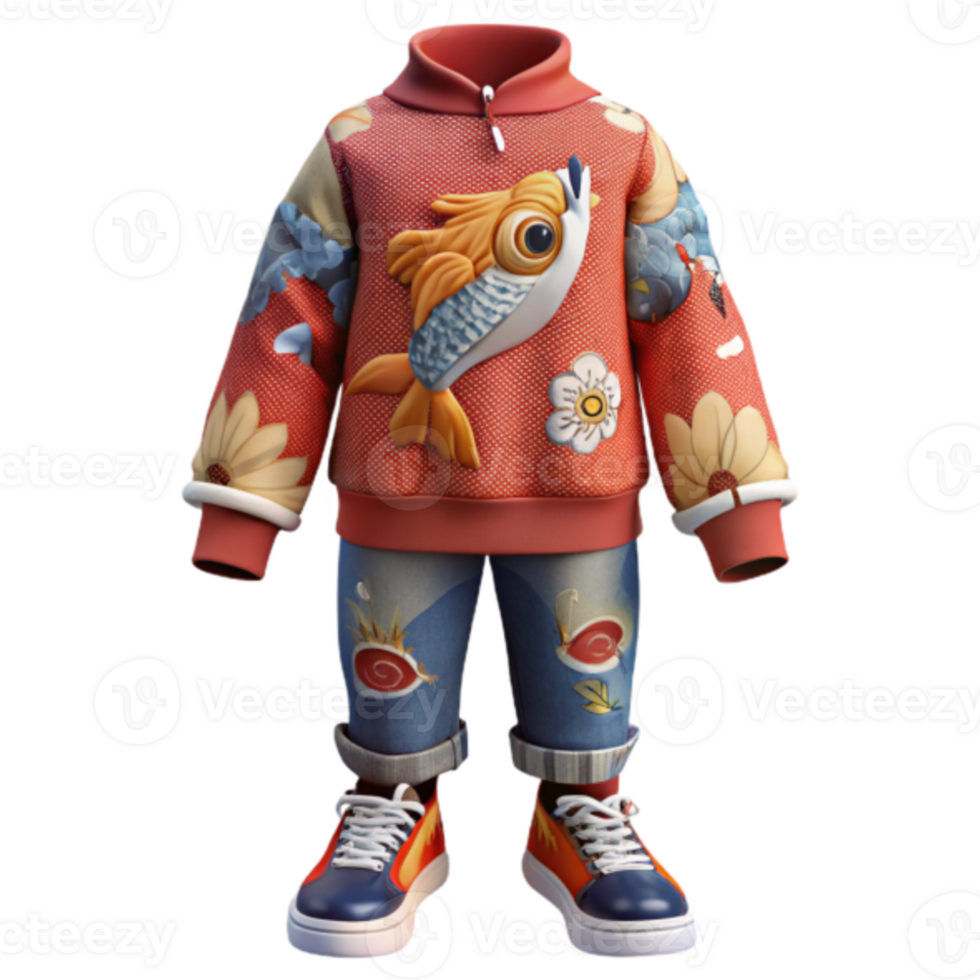 3D Render of Childrenswear Fashion Adorable Cartoon Fish and Floral Design Sweater and Jeans Outfit png