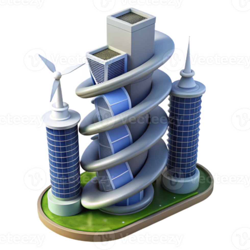 Futuristic Spiral Cityscape 3D Illustration Eco-Friendly Tower Design with Wind Turbine png