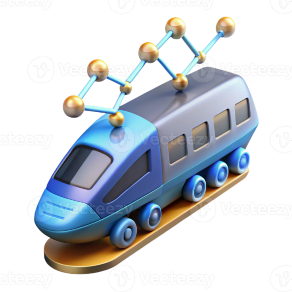 3D Render of Futuristic Cartoon Train with Molecular Structure png