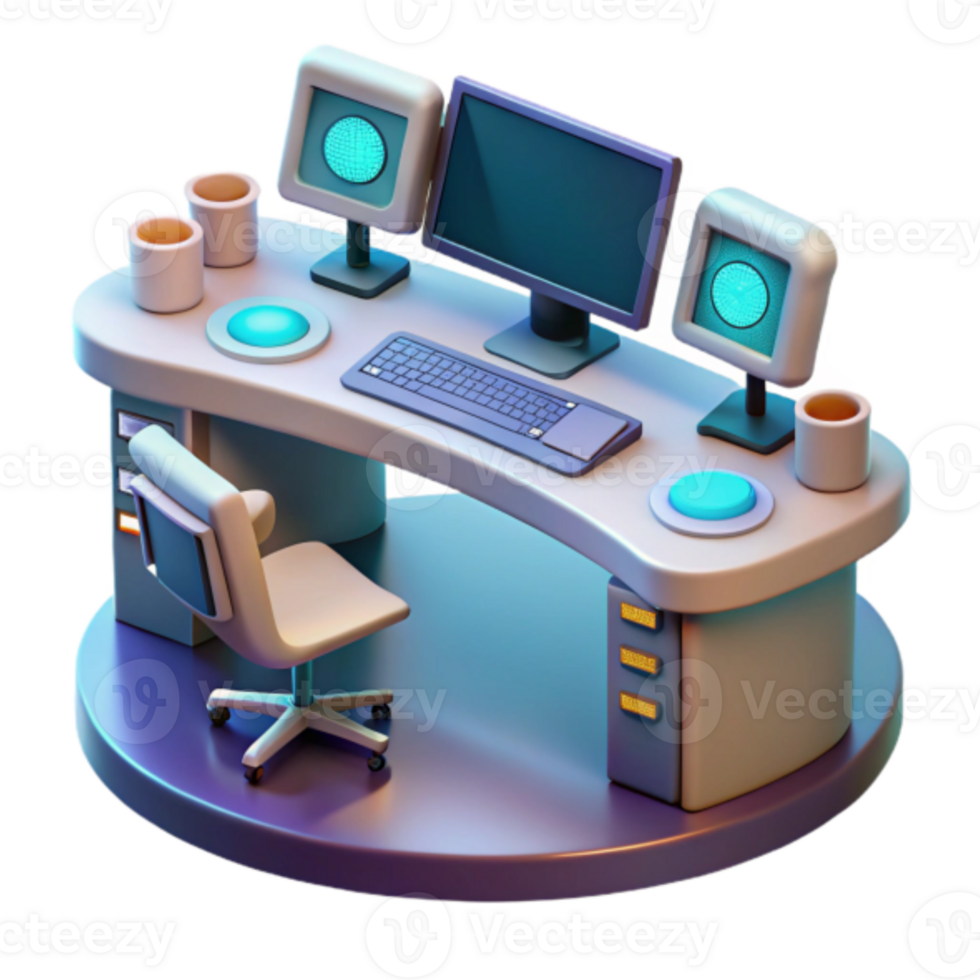 Modern 3D Desk Workstation Illustration Curved Desk, Computer Setup, Office Space, Ergonomic Chair, Monitors, Keyboard, Mouse, Workspace, Technology, Productivity png