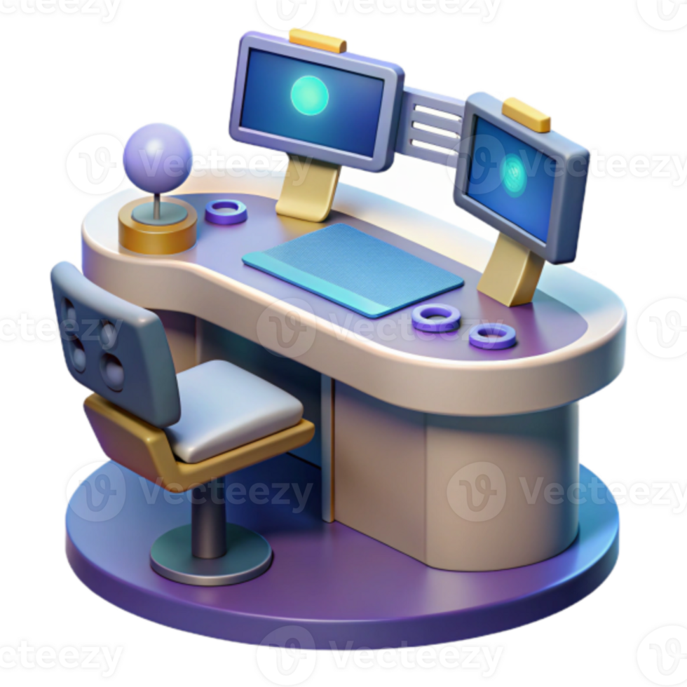 3D Render of Modern Workstation Setup, Stylish Desk and Chair, Futuristic Monitors png