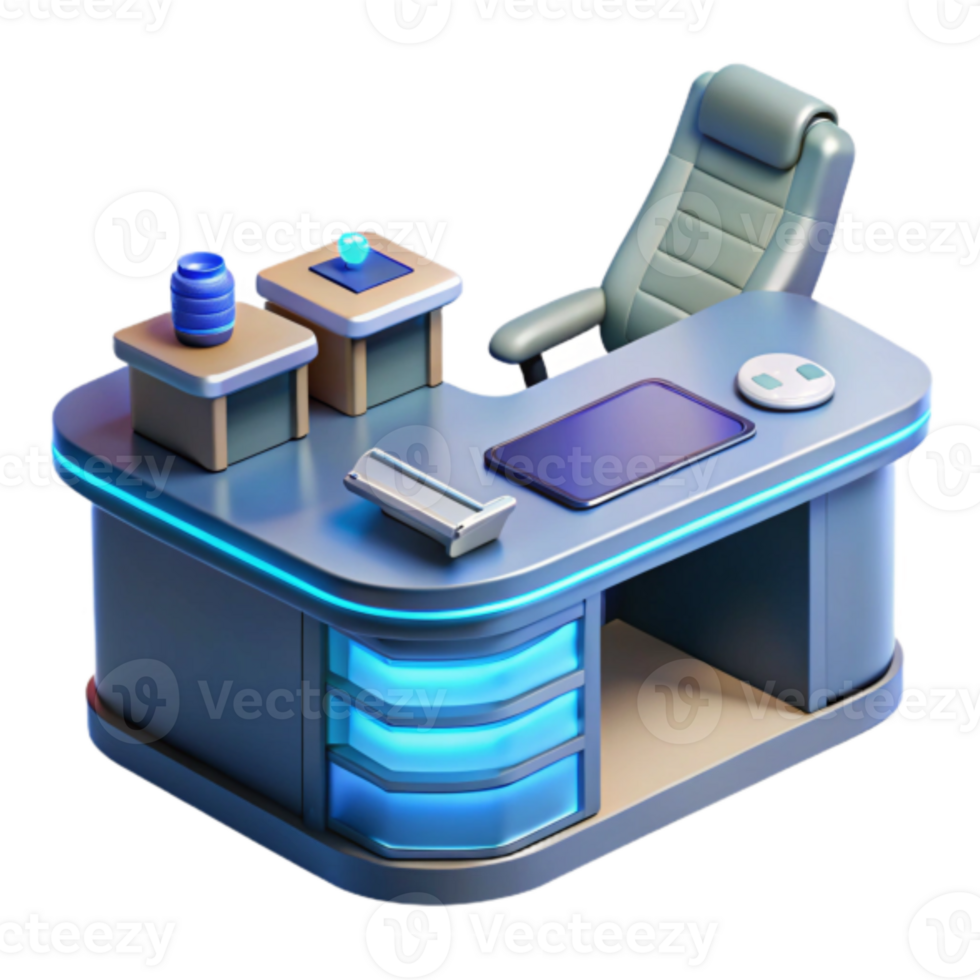 Futuristic Office Desk 3D Render, Modern Workstation with Ergonomic Chair and LED Lighting png