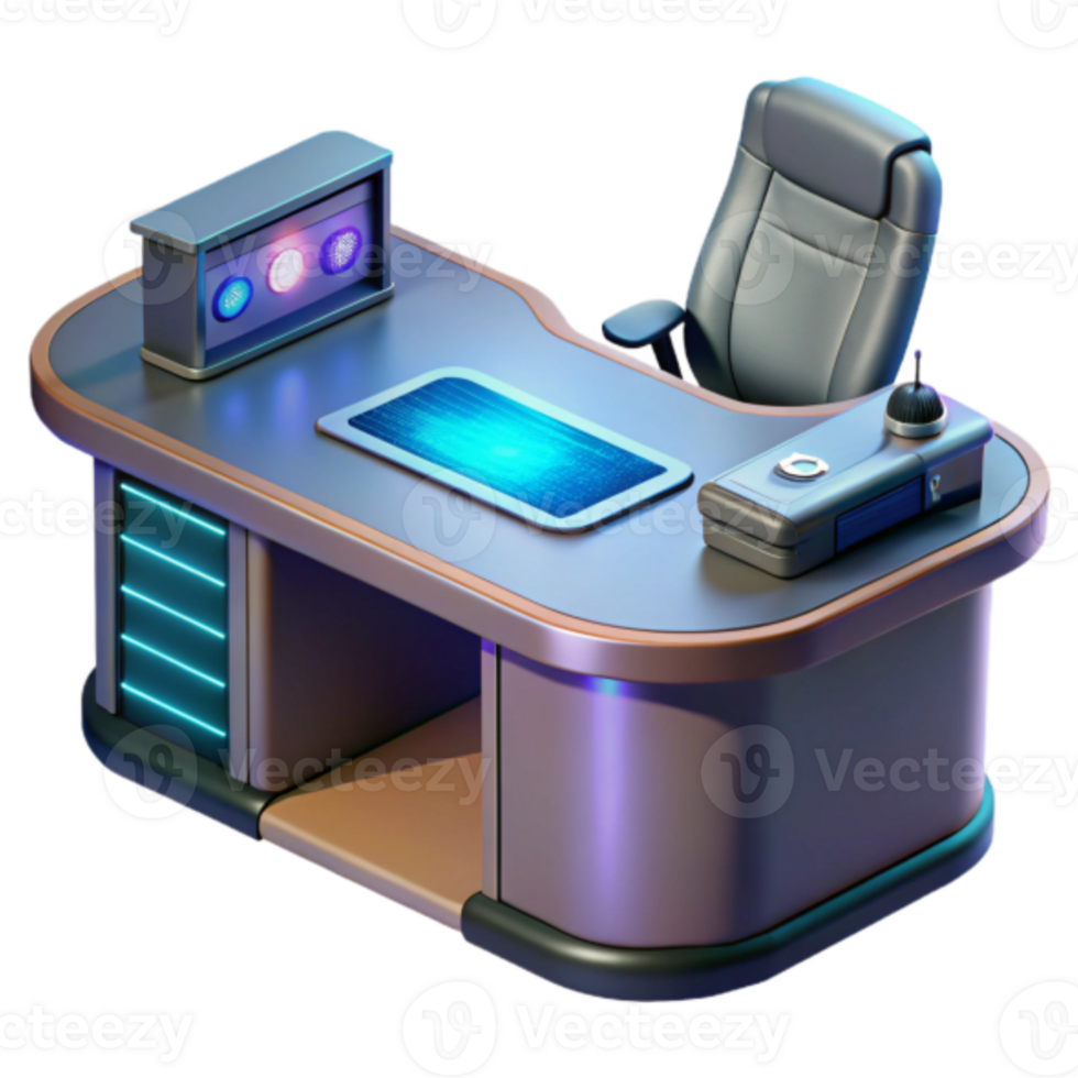 Futuristic Office Desk 3D Render, Modern Workstation with Ergonomic Chair, Illuminated Control Panel, Tech Gadget png
