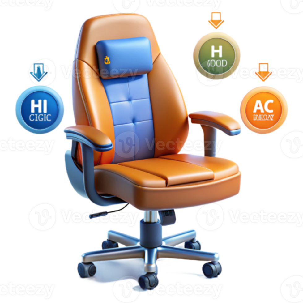 Ergonomic Office Chair 3D Render High-Quality Image, Comfortable and Stylish Design, Brown and Blue Leather, Adjustable, Swivel, Wheels, Headrest png