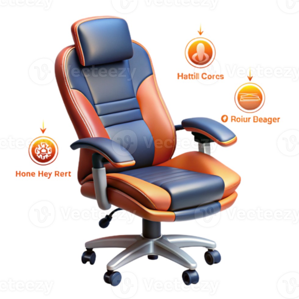 3D Render Orange and Blue Leather Executive Office Chair, High-Back Ergonomic Design, Swivel Rolling Wheels, Adjustable Height png