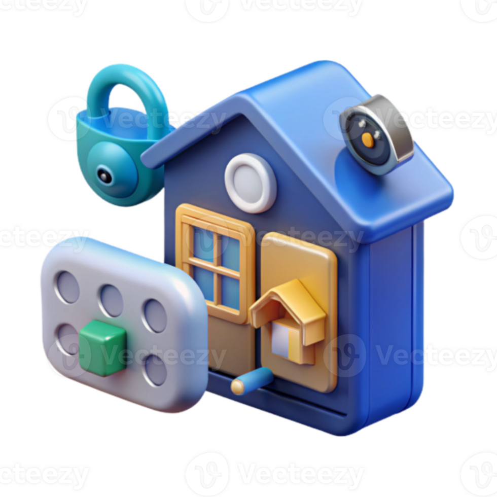 Smart Home Security System 3D Illustration House with Lock, Camera, and Control Panel png