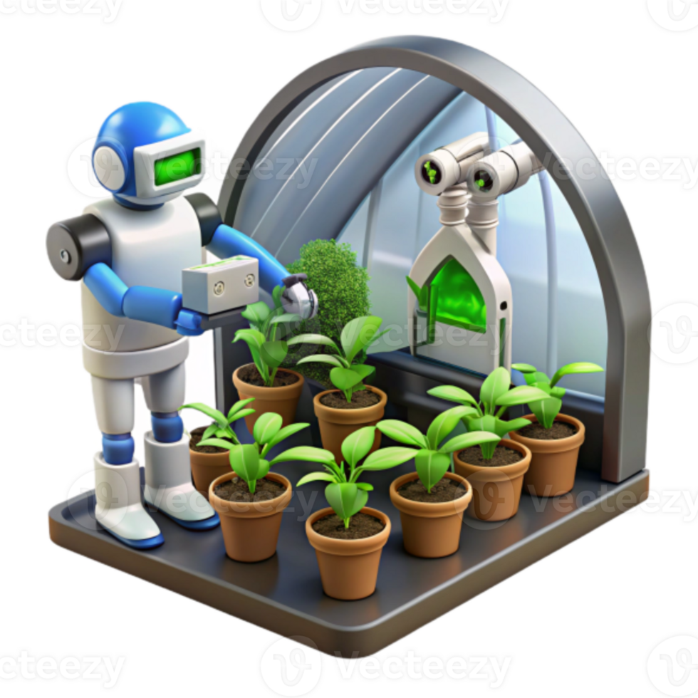 3D Illustration Robot Tending Plants in Greenhouse, Smart Farming Technology png