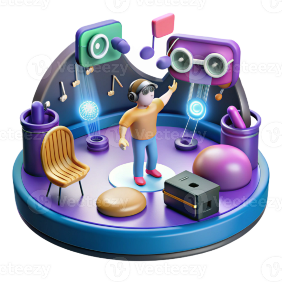 3D Render of Virtual Reality Experience Illustration Immersive Metaverse with Music and Interactive Elements png