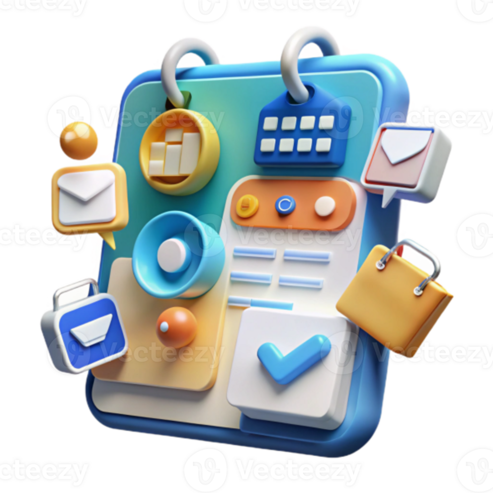 Vibrant 3D Render of App Interface Icons, Calendar, Checklist, and Messaging Symbols png