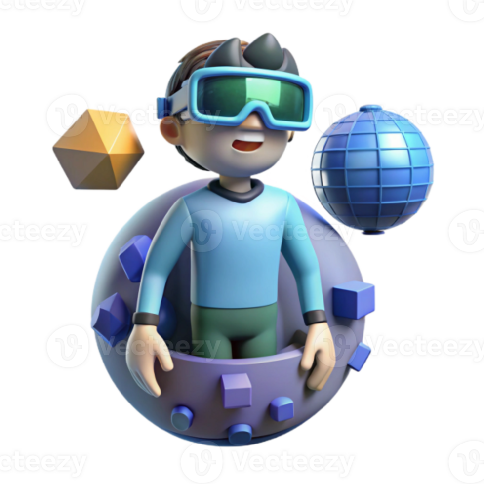 3D Cartoon Boy in Virtual Reality Metaverse Sphere png