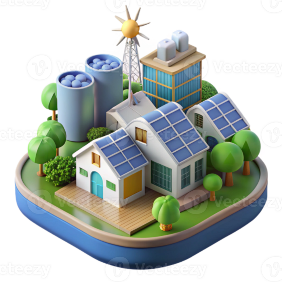 Sustainable City 3D Isometric Illustration of Eco-Friendly Urban Development with Solar Panels, Wind Turbines and Green Spaces png