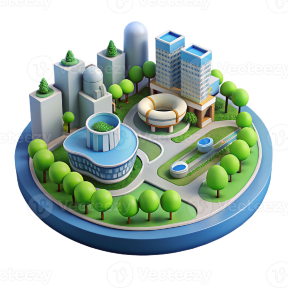 3D Isometric Cityscape Illustration Modern Buildings Green Spaces Urban Design png
