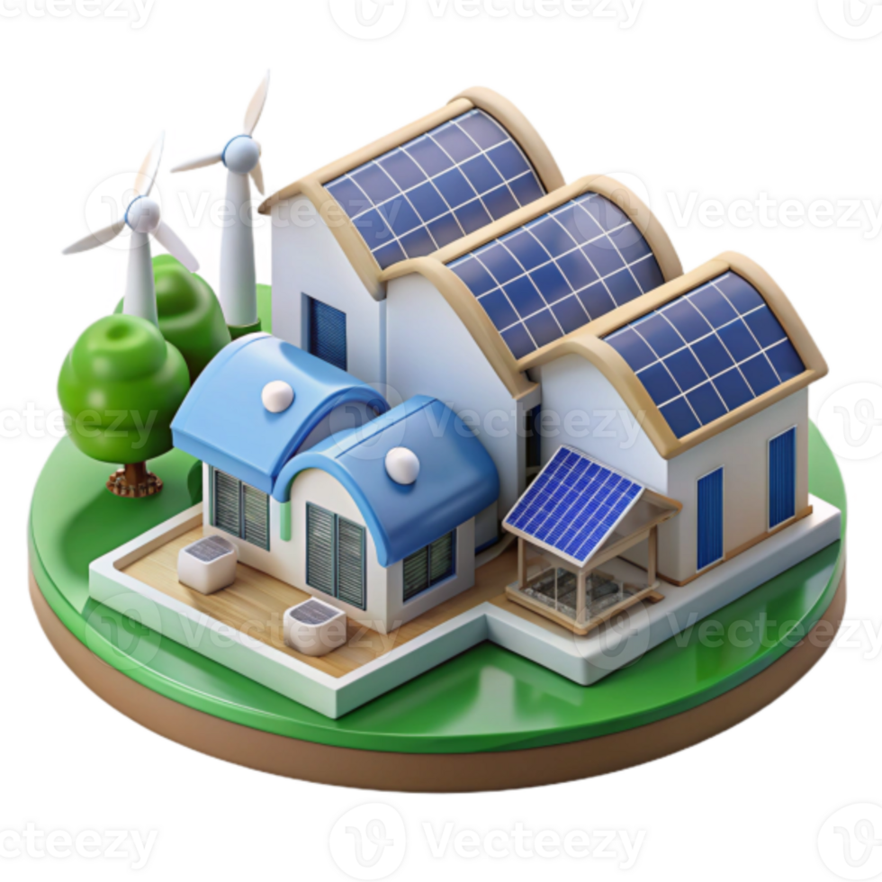 Eco-Friendly House 3D Model with Solar Panels and Wind Turbines Illustration png