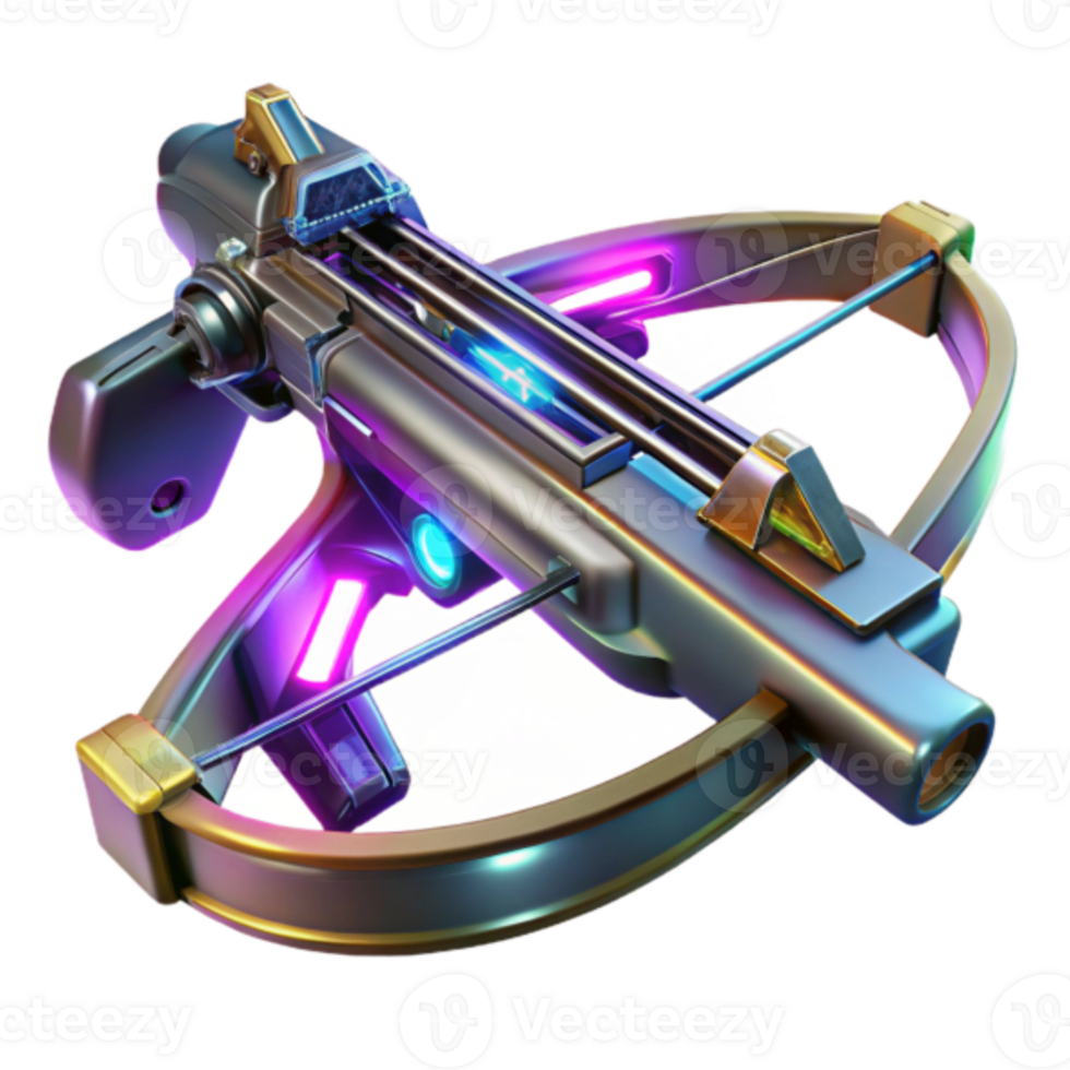 Futuristic Crossbow 3D Render, Sci-Fi Weapon Illustration, Neon Lights, Game Asset, Fantasy Design, Digital Art, High-Resolution Image png