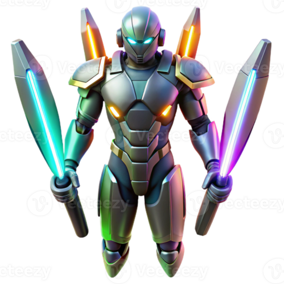 Cybernetic Warrior 3D Render Futuristic Armored Figure with Neon Lightsabers png