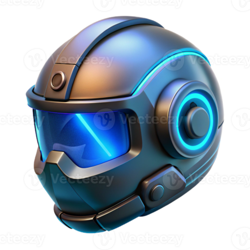 Futuristic Helmet 3D Render, Sci-Fi Headgear Illustration, Metallic Gray and Blue Glowing Lights, Abstract Technology Background png