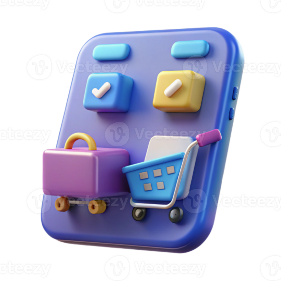 3D Illustration Mobile Shopping App Interface Design with Suitcase and Shopping Cart png