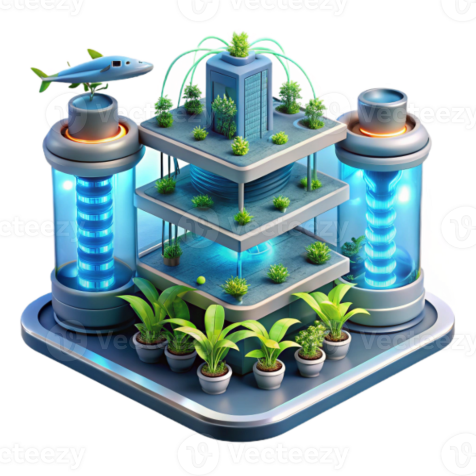 Futuristic 3D Illustration of a Vertical Hydroponic Farm with Automated Systems png