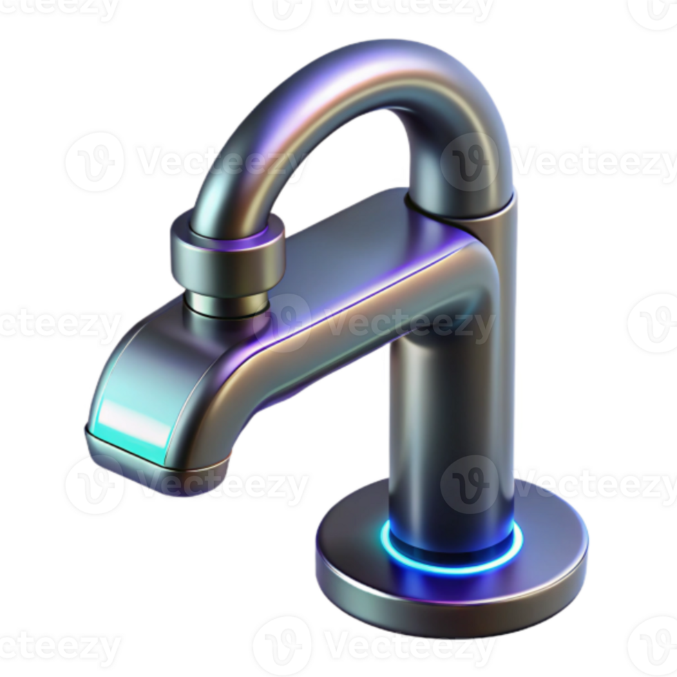 Metallic Faucet 3D Render, Iridescent Chrome Faucet, Modern Bathroom Fixture, Digital Water Tap Illustration, Abstract Plumbing Design, Shiny Metal Tap, Glowing Faucet Base, High-Resolution 3D Model png
