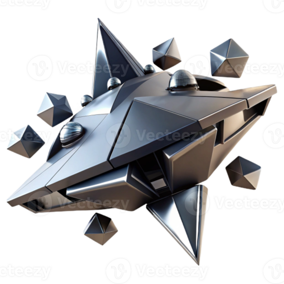 Futuristic 3D Spaceship Illustration Geometric Metal Craft, Abstract Design png