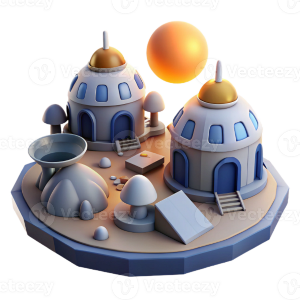 3D Render of a Whimsical Island Village with Dome Houses and Mushroom-Shaped Structures png