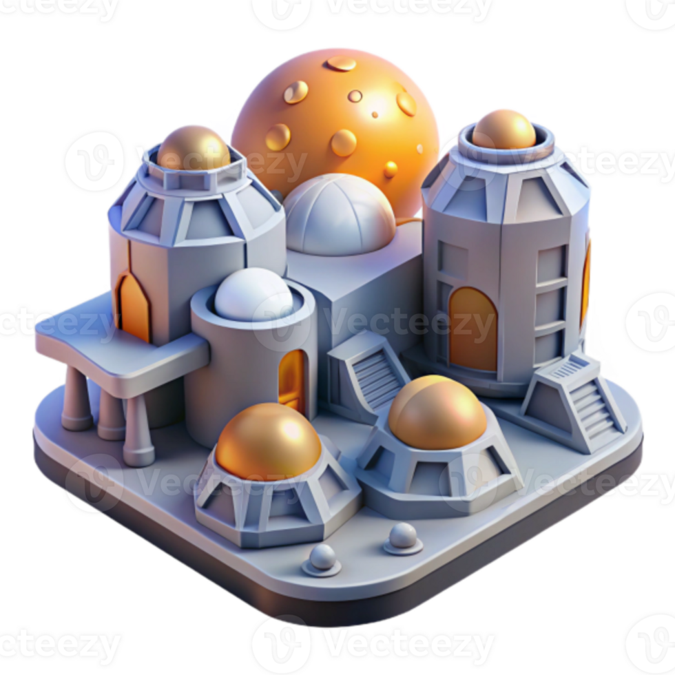 Futuristic Cityscape 3D Render, Abstract Architectural Design, Grey and Gold Geometric Structures, Domes and Spheres, Isometric View, Sci-fi Building Illustration png
