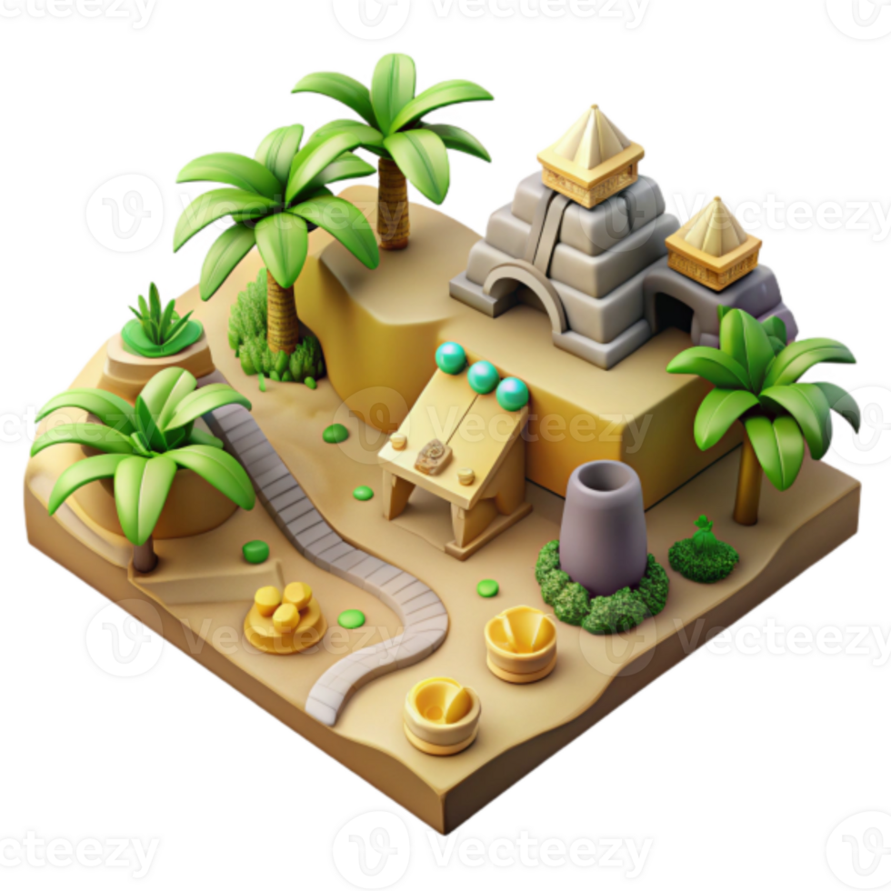 3D Render Oasis Temple Scene Desert Island with Palm Trees, Stone Pyramid, and Gold png