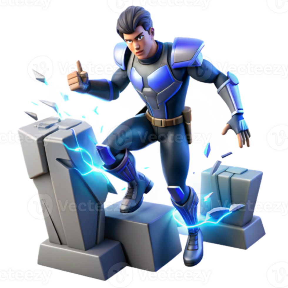 3D Illustration of a Futuristic Superhero Breaking Stone png