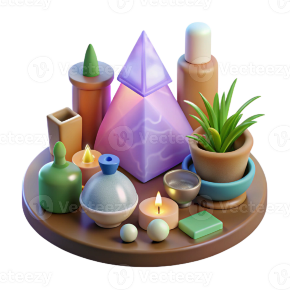 Serene 3D Render of Spa Objects Candles, Crystals, and Plants png