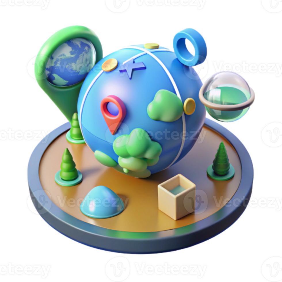 3D Cartoon Globe Illustration World Travel, Location Pins, and Global Exploration png