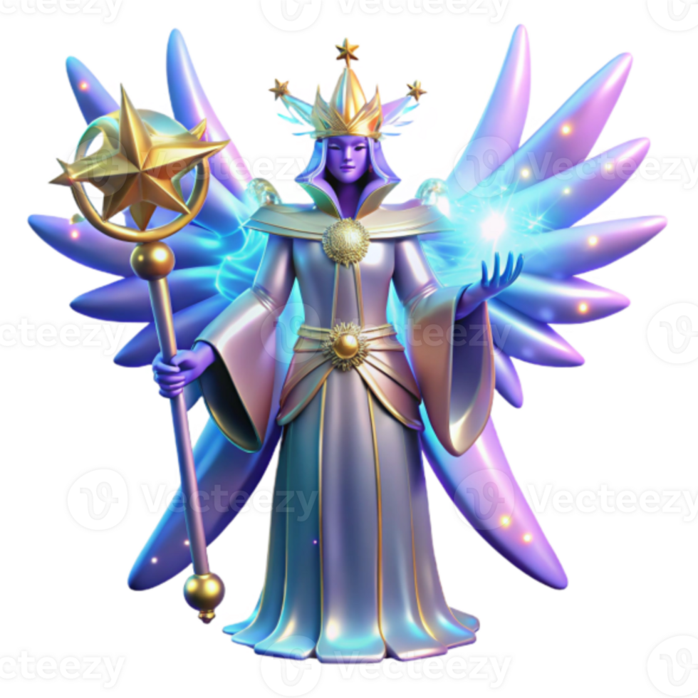 Celestial Being 3D Render A Radiant Angel with Star Staff and Wings png