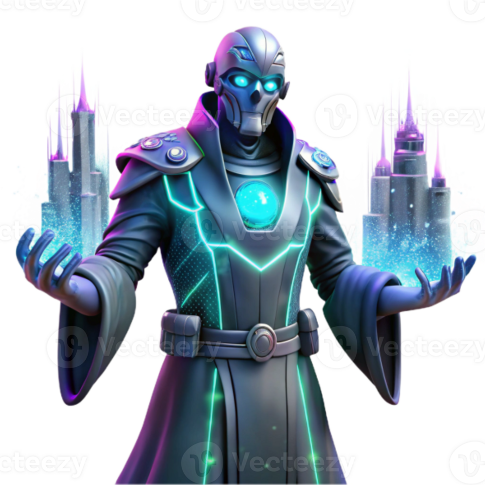 3D Render of a Futuristic Sorcerer Conjuring Castles, Neon Glowing Robes, Fantasy Illustration png