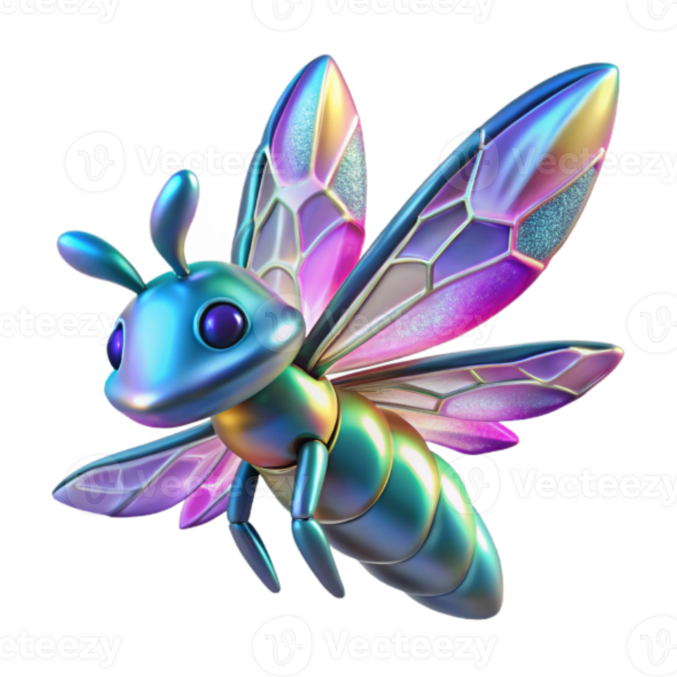 Iridescent Bee 3D Render Sparkling Wings Insect Graphic png