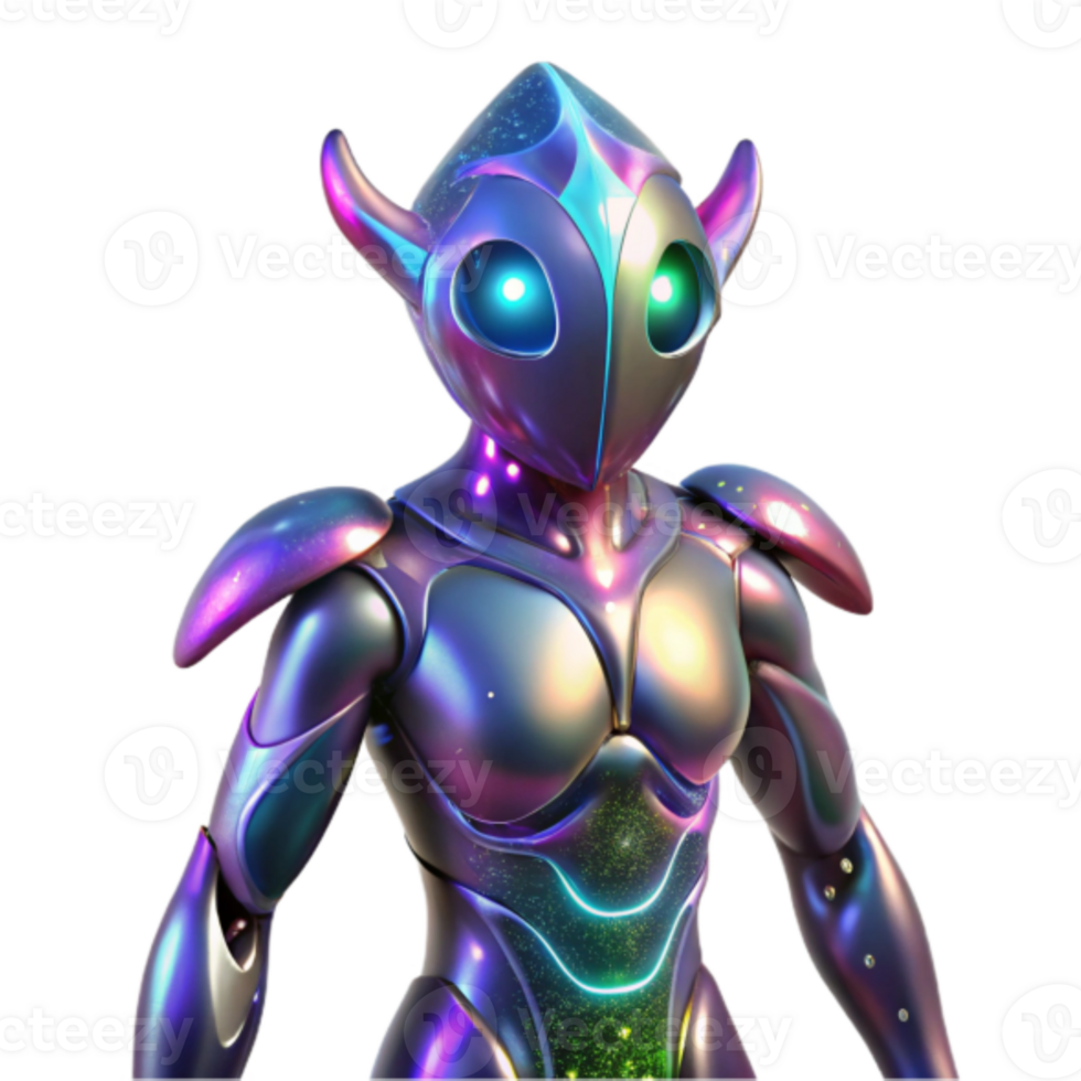 Iridescent Robot, 3D Render, Futuristic Android, Sci-Fi Character, Cyberpunk, Alien, Glowing, Metallic, Digital Art png