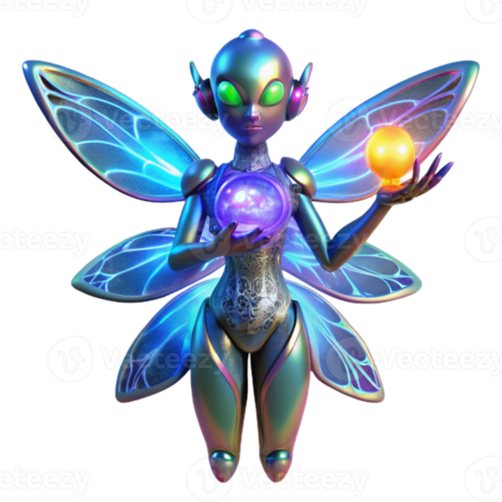 iridescent Fairy, 3D Render, Fantasy Creature, Glowing Wings, Magic Spheres, Futuristic Fairy, Cyberpunk Fairy, Sci-fi Fairy, Digital Art, Iridescent Wings, Glow png