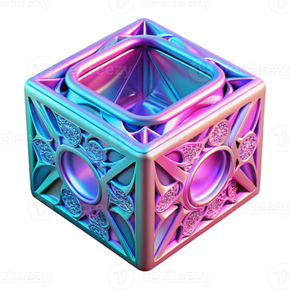 3D Render of Ornate Cube with Iridescent Gradient png