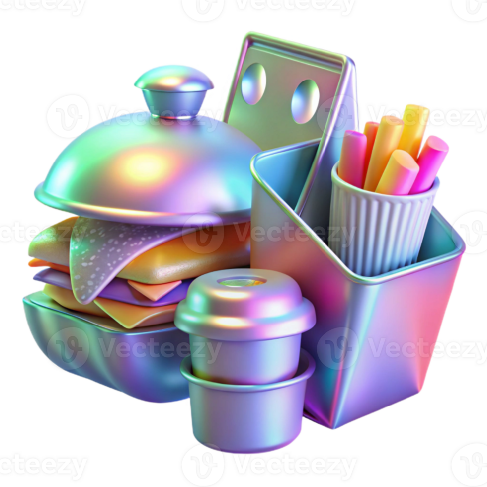 Iridescent 3D Render of Fast Food Burger, Fries, and Drink png