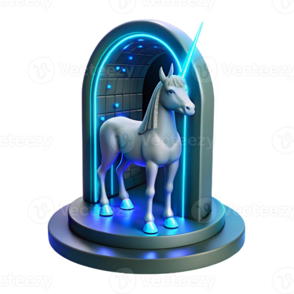 Neon Archway Unicorn 3D Render Mystical Creature in Futuristic Setting png