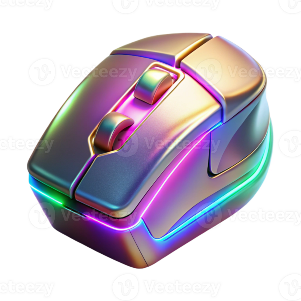 rgb iluminado jogos rato 3d renderizar, futurista sem fio computador periférico, iridescente metálico projeto, colorida néon luzes, ergonômico forma, alta resolução imagem png