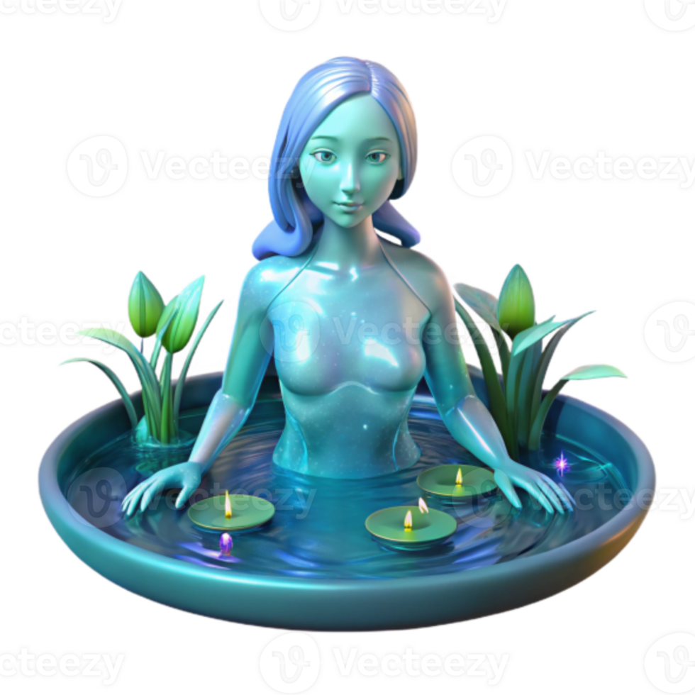 Serene Aquatic Goddess 3D Render Tranquil Water, Glowing Candles, and Lush Greenery png