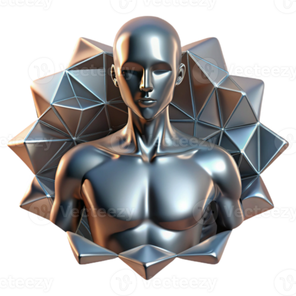 3D Render Metallic Humanoid Figure in Geometric Frame Abstract Background Image png