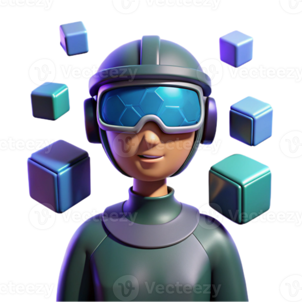 3D Render Futuristic Character with Glowing Cubes png